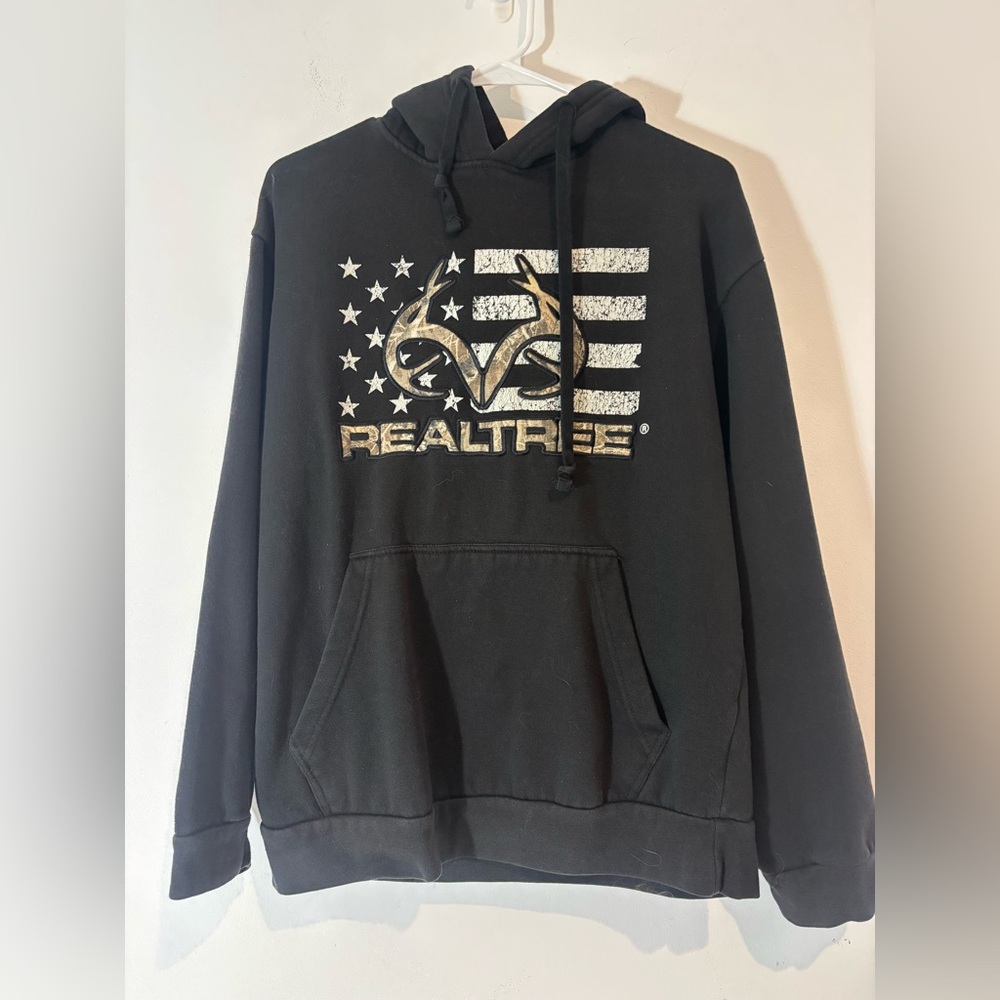 Realtree Mens Medium Hoodie Pullover Black Camo Casual Hunting American Flag